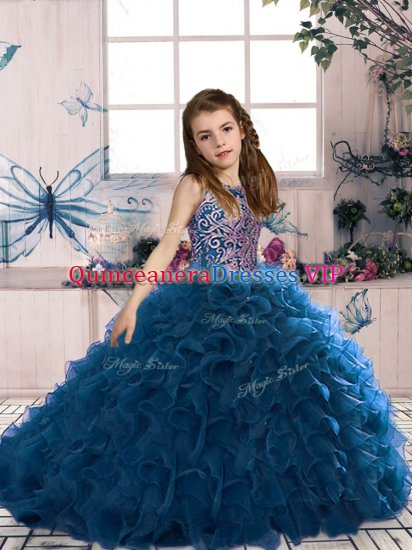 Floor Length Navy Blue Pageant Dress for Teens Scoop Sleeveless Lace Up - Click Image to Close