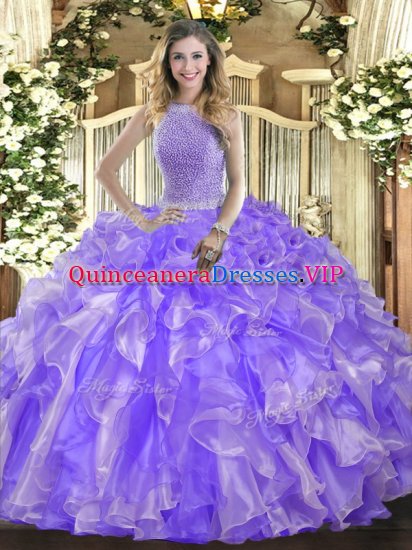 Popular Lavender Ball Gowns High-neck Sleeveless Organza Floor Length Lace Up Beading and Ruffles Quince Ball Gowns - Click Image to Close