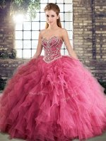 Beautiful Watermelon Red Sweetheart Lace Up Beading and Ruffles Quinceanera Gown Sleeveless
