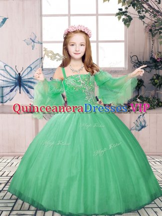 Green Ball Gowns Beading Pageant Gowns For Girls Lace Up Tulle Sleeveless Floor Length