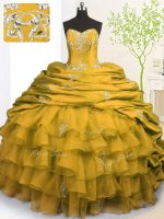 Unique Gold Strapless Neckline Beading and Appliques and Ruffled Layers and Pick Ups Quinceanera Gowns Sleeveless Lace Up