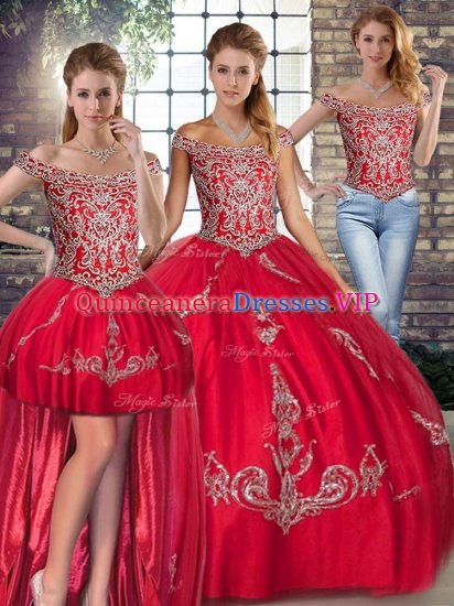 Red Three Pieces Tulle Off The Shoulder Sleeveless Beading and Embroidery Floor Length Lace Up 15th Birthday Dress - Click Image to Close