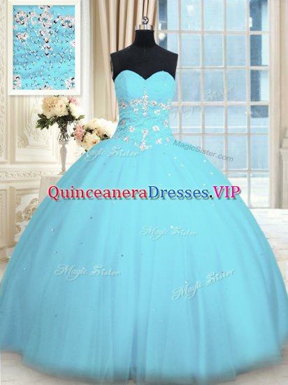 Light Blue Ball Gowns Sweetheart Sleeveless Tulle Floor Length Lace Up Appliques Quinceanera Dresses - Click Image to Close