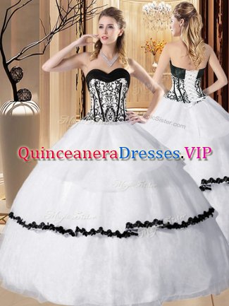 Floor Length White 15th Birthday Dress Organza Sleeveless Embroidery and Ruffled Layers