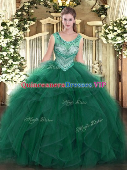 Best Selling Dark Green Ball Gowns Scoop Sleeveless Tulle Floor Length Lace Up Beading and Ruffles Vestidos de Quinceanera - Click Image to Close