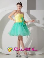 Koloa Hawaii/HI Apple Green and Yellow A-line Sweetheart Mini-length Organza Quinceanera Dama Dress with Hand Made Flowers