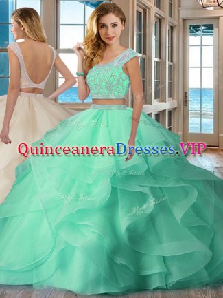 Cute Scoop Cap Sleeves Organza Quince Ball Gowns Beading and Ruffles Backless