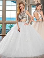 Great Scoop White Cap Sleeves Tulle Backless Sweet 16 Dress for Military Ball and Sweet 16 and Quinceanera