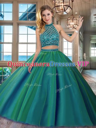 High Quality Halter Top Dark Green Two Pieces Beading Vestidos de Quinceanera Backless Tulle Sleeveless