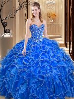 Shining Sleeveless Floor Length Embroidery and Ruffles Lace Up Quinceanera Dress with Royal Blue