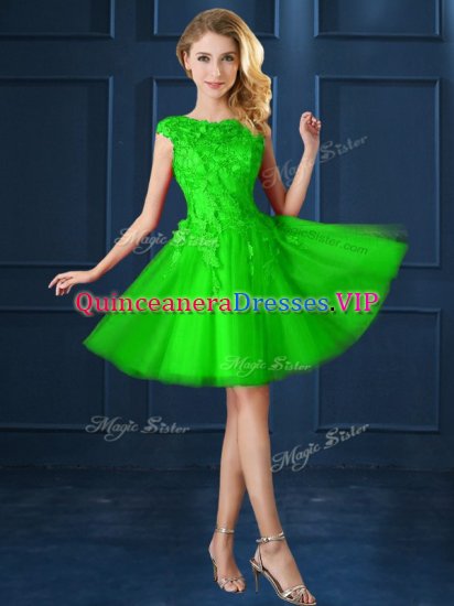Bateau Cap Sleeves Tulle Quinceanera Dama Dress Lace and Belt Lace Up - Click Image to Close