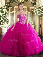 Affordable Sweetheart Sleeveless Lace Up Military Ball Gown Fuchsia Tulle