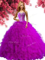 Enchanting Sleeveless Tulle Floor Length Lace Up Ball Gown Prom Dress in Fuchsia with Beading and Ruffles