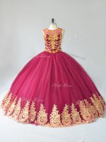 Burgundy Ball Gowns Scoop Sleeveless Tulle Floor Length Lace Up Appliques Quince Ball Gowns