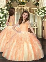 High End Floor Length Orange Little Girl Pageant Gowns Tulle Sleeveless Ruffles
