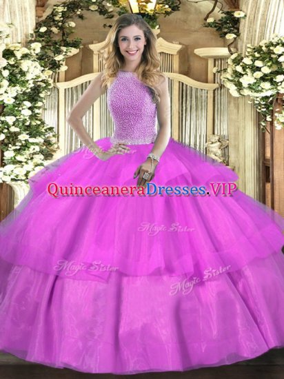 Floor Length Lilac Quince Ball Gowns High-neck Sleeveless Lace Up - Click Image to Close