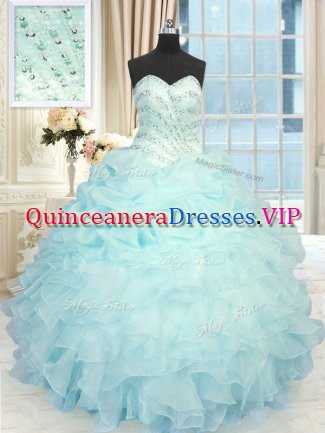 Luxury Pick Ups Aqua Blue Sleeveless Organza Lace Up Sweet 16 Quinceanera Dress for Military Ball and Sweet 16 and Quinceanera