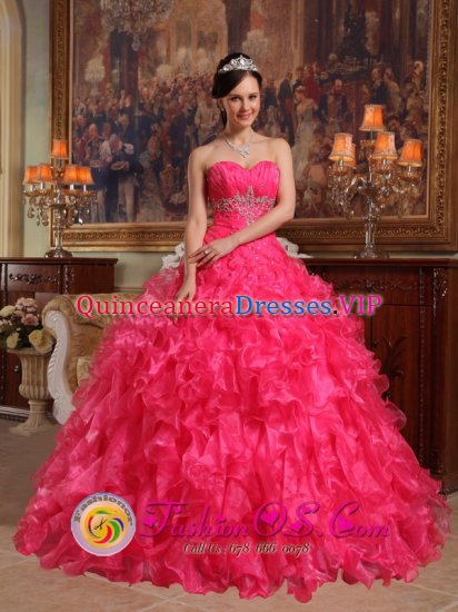 Stylish Hot Pink Ruffles Beading and Ruch Sweetheart Strapless Floor-length Killin Central Quinceanera Dress With Organza Ball Gown - Click Image to Close