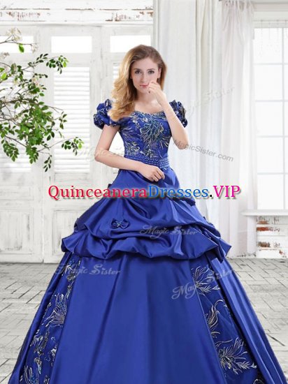 Ideal Off the Shoulder Cap Sleeves Floor Length Appliques and Pick Ups and Bowknot Lace Up Quinceanera Dress with Royal Blue - Click Image to Close