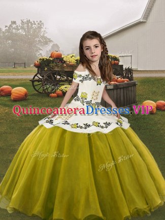 New Style Olive Green Straps Lace Up Embroidery Child Pageant Dress Sleeveless