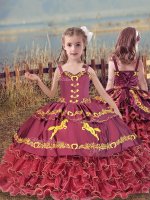 Graceful Wine Red Straps Neckline Beading and Embroidery and Ruffled Layers Kids Pageant Dress Sleeveless Lace Up