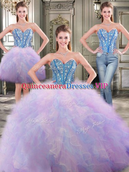 Edgy Three Piece Tulle Sleeveless Floor Length Quinceanera Dress and Beading and Ruffles - Click Image to Close