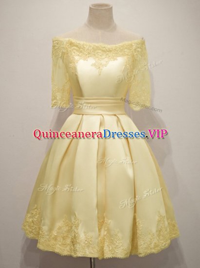 Fancy Yellow Taffeta Lace Up Dama Dress for Quinceanera Half Sleeves Knee Length Lace - Click Image to Close