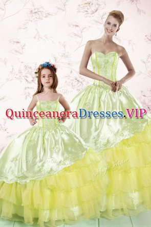 Admirable Light Yellow Ball Gowns Sweetheart Sleeveless Organza Floor Length Lace Up Embroidery and Ruffled Layers Sweet 16 Quinceanera Dress