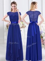 Scoop Short Sleeves Floor Length Lace and Belt Zipper Damas Dress with Royal Blue