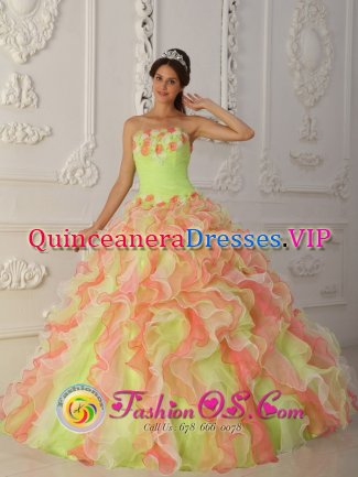 Fundacion colombia Gorgeous Strapless Quinceanera Dress With Hand Made Flowers Ruffles Layered and Ruched Bodice
