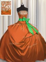 Floor Length Rust Red Sweet 16 Dresses Taffeta Sleeveless Beading and Ruching and Bowknot
