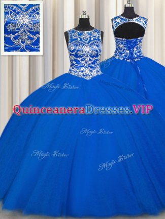 Inexpensive Ball Gowns 15 Quinceanera Dress Royal Blue Scoop Tulle Sleeveless Floor Length Lace Up