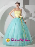 Mustang Oklahoma/OK Fabulous Baby Blue and Yellow For Strapless Quinceanea Dress Sash and Ruched Bodice Decorate