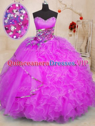 Sleeveless Floor Length Beading and Ruffles Lace Up Quinceanera Dresses with Fuchsia