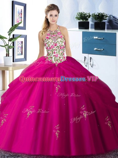 Edgy Fuchsia Ball Gowns Tulle Halter Top Sleeveless Embroidery and Pick Ups Floor Length Lace Up 15 Quinceanera Dress - Click Image to Close