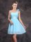 Comfortable One Shoulder Sleeveless Chiffon Mini Length Zipper Quinceanera Court Dresses in Baby Blue with Ruching and Hand Made Flower