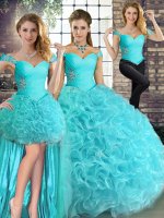 Designer Aqua Blue Lace Up Off The Shoulder Beading Ball Gown Prom Dress Fabric With Rolling Flowers Sleeveless(SKU YSQD083CX003ABIZ)