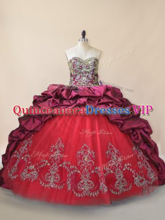 Sleeveless Taffeta and Tulle Brush Train Lace Up 15th Birthday Dress in Fuchsia with Beading and Pick Ups