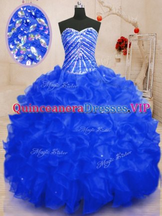 Custom Made Royal Blue Ball Gowns Sweetheart Sleeveless Organza Floor Length Lace Up Beading and Ruffles and Sequins Sweet 16 Dress