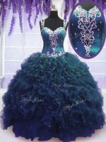 Best Selling Straps Sleeveless Floor Length Beading and Ruffles Zipper Vestidos de Quinceanera with Navy Blue(SKU PSSW094-3BIZ)