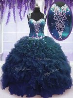 Best Selling Straps Sleeveless Floor Length Beading and Ruffles Zipper Vestidos de Quinceanera with Navy Blue