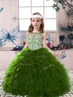 Sleeveless Floor Length Beading and Ruffles Lace Up Pageant Gowns For Girls with Olive Green