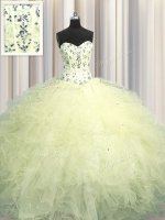 Elegant Visible Boning Light Yellow Lace Up Sweet 16 Dresses Beading and Appliques and Ruffles Sleeveless Floor Length