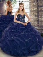 Floor Length Navy Blue Ball Gown Prom Dress Tulle Sleeveless Beading and Ruffles