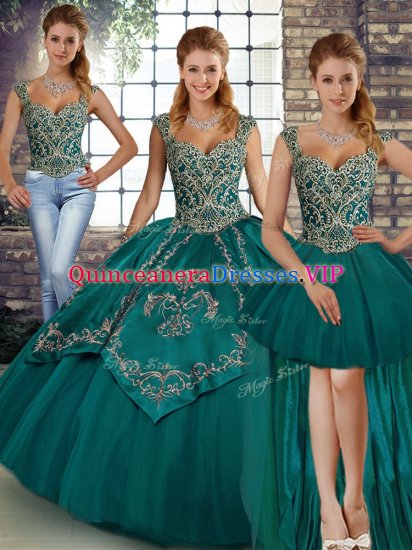 Popular Three Pieces 15 Quinceanera Dress Teal Straps Tulle Sleeveless Floor Length Lace Up - Click Image to Close
