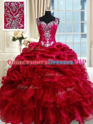 Straps Organza Sleeveless Floor Length Vestidos de Quinceanera and Ruffled Layers and Pick Ups