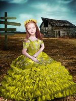 Popular Organza Off The Shoulder Short Sleeves Lace Up Embroidery and Ruffled Layers Pageant Dress Toddler in Olive Green(SKU XBLD012-9BIZ)