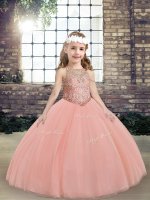 Popular Peach Ball Gowns Tulle Scoop Sleeveless Beading Floor Length Lace Up Little Girl Pageant Dress