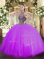 Classical Lilac Ball Gowns Beading Quinceanera Gown Lace Up Tulle Sleeveless Floor Length