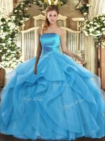 Strapless Sleeveless Tulle Quince Ball Gowns Ruffles Lace Up